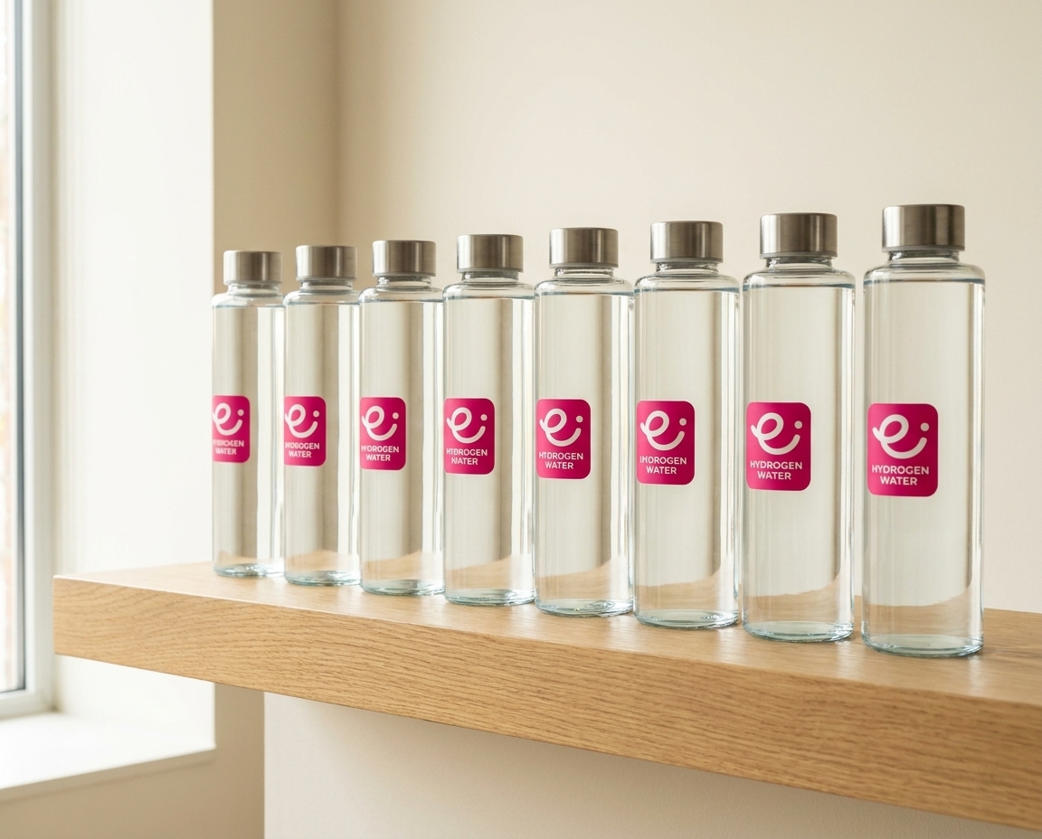 Row of Everflow hydrogen water bottles on an office reception shelf