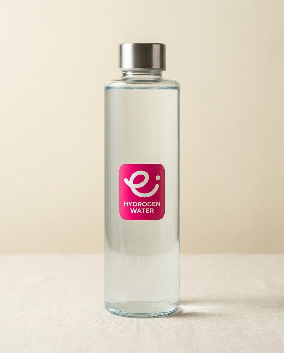 Everflow hydrogen water bottle in clear glass on a cream studio backdrop